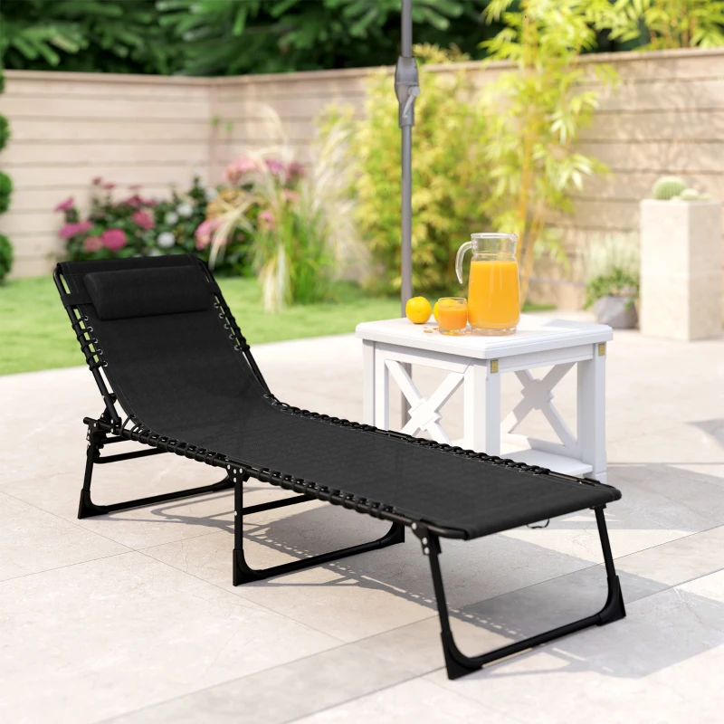 Outsunny Tumbona Plegable Ajustable de 4 Posiciones con Sistema de Cordones para Exterior Marco Acero 189x58x30 cm Negro