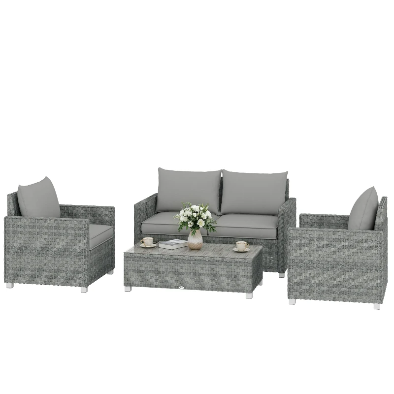 Outsunny 4 Piece Rattan Garden Furniture Set with Loveseat, 2 Armchairs, Glass-Top Table, Wicker Patio Conversation Set, Grey