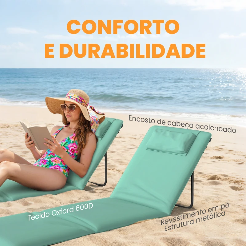 Outsunny Conjunto de 2 Esteiras de Praia Dobráveis com Encosto Ajustável e Encosto Acolchoado 146x50x2 cm Verde