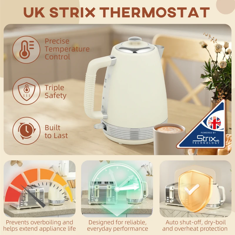 HOMCOM Zestaw Czajnik i Toster, 1,7 litra, 2200W, Termostat Strix, Filtr, Toster na 4 kromki, 7 stopni opiekania, Pojemnik na okruchy, Kremowy+Srebrny