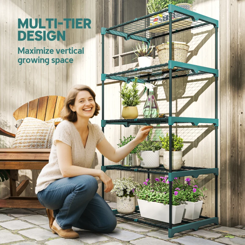 Outsunny 5-poziomowy stojak na rośliny, 138 cm wysoki regał na kwiaty, stalowy, ciemnozielony