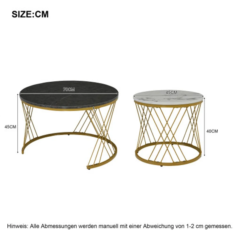 Set of 2 Modern Nesting Marble Coffee Tables with Metal Frame, Space-Saving Design, 70x70x45 cm and 44.5x44.5x38 cm, Grey