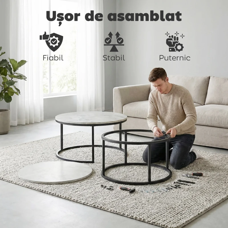 HOMCOM Set de 2 măsuțe de cafea rotunde suprapuse din metal și MDF cu efect de marmură, gri și negru