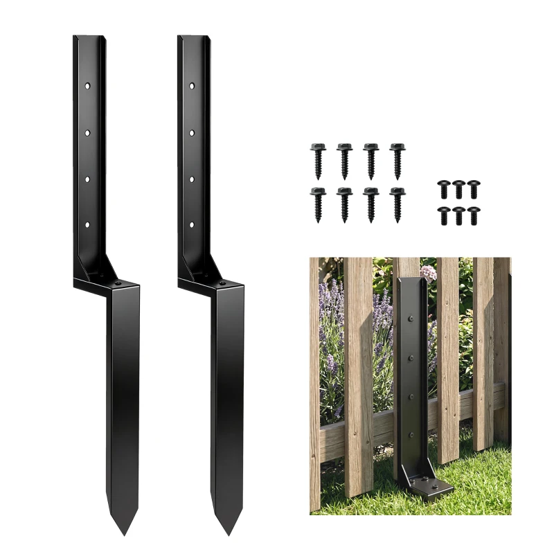 Outsunny 2 Pack Fence Post Repair Kit, 81 cm Metal Fence Post Support with Drill, Garden Ground Spikes for Broken Gate, Posts