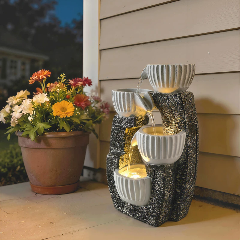 Outsunny 4-Tier Bowl Water Feature, Indoor Outdoor Garden Water Fountain with Pump and LED Lights, Resin Cascading Waterfall