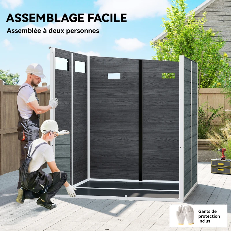 Outsunny Abri de Jardin Cabanon de Stockage Plancher Structure Aluminium 3 Fenêtres 2 Aérations 182x182x183cm Gris Effet Bois