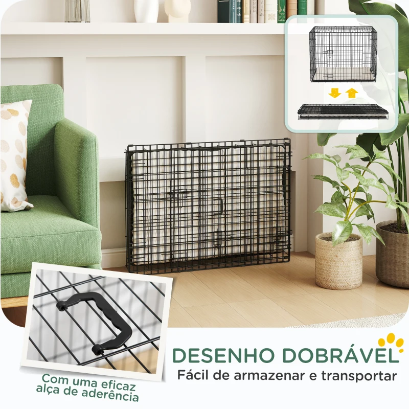 PawHut Gaiola Dobrável para Cães Pequenos com Almofada Portas Bandeja Removível e Estrutura Metálica 75x48,5x53 cm Preto e Bege