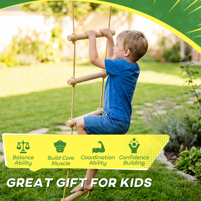 AIYAPLAY Lina wspinaczkowa dla dzieci, 5-stopniowa drabinka wspinaczkowa z 2 karabińczykami i 2 pasami do drzewa, dla dzieci w wieku 3-8 lat, 40 x 3,5 x 180 cm, naturalne drewno