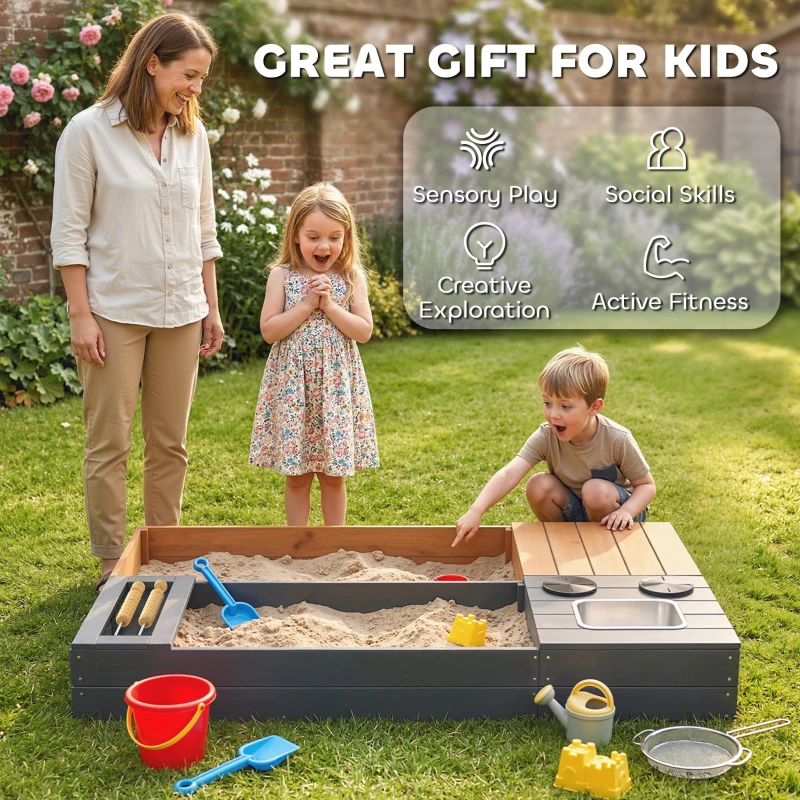 AIYAPLAY Zandbak 2-delig 150 x 90 cm Houten speelstation met zitbank, opbergruimte, kookplaat, afneembare wasbak en abacusparels, Geel