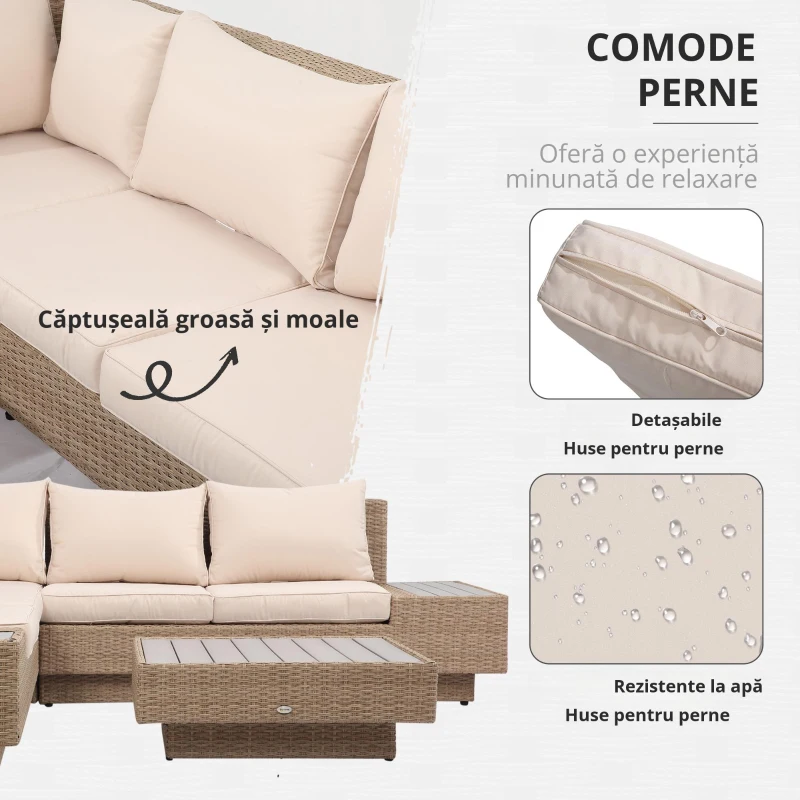 Outsunny Set Living de Gradina din Rattan, 4 Piese, Coltar pentru Exterior cu Perne, Masute Laterale si Masuta de Cafea, Maro Deschis
