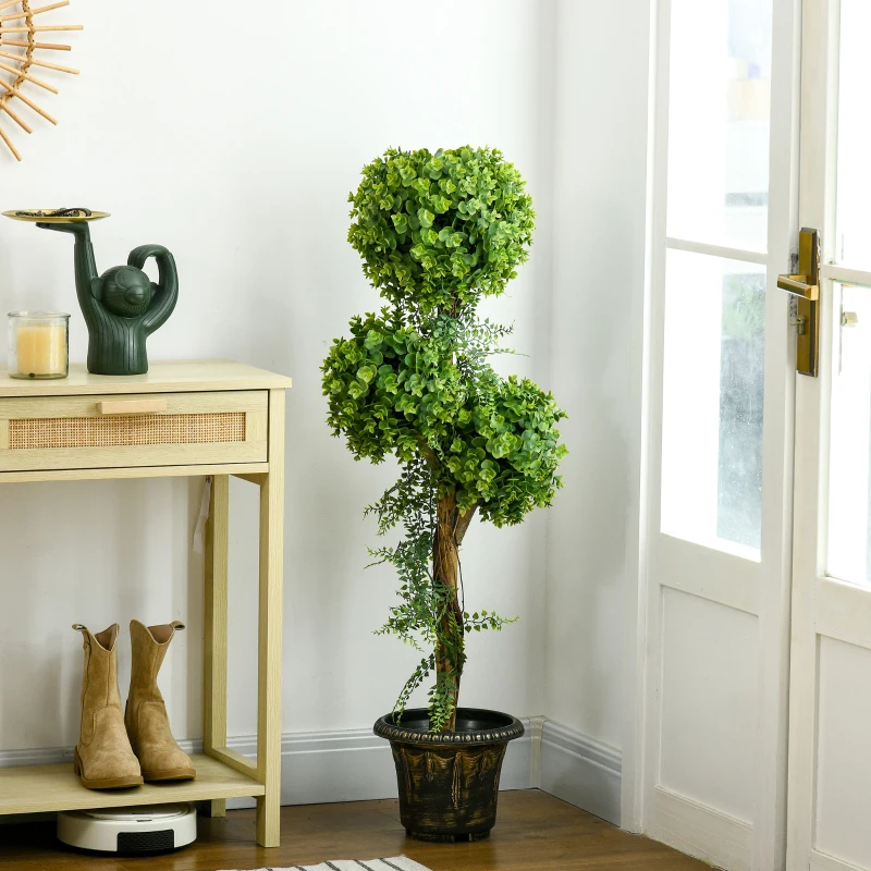 HOMCOM Plante artificielle arbre artificiel 3 boules de buis avec pot ciment, intérieur et extérieur, hauteur 115 cm