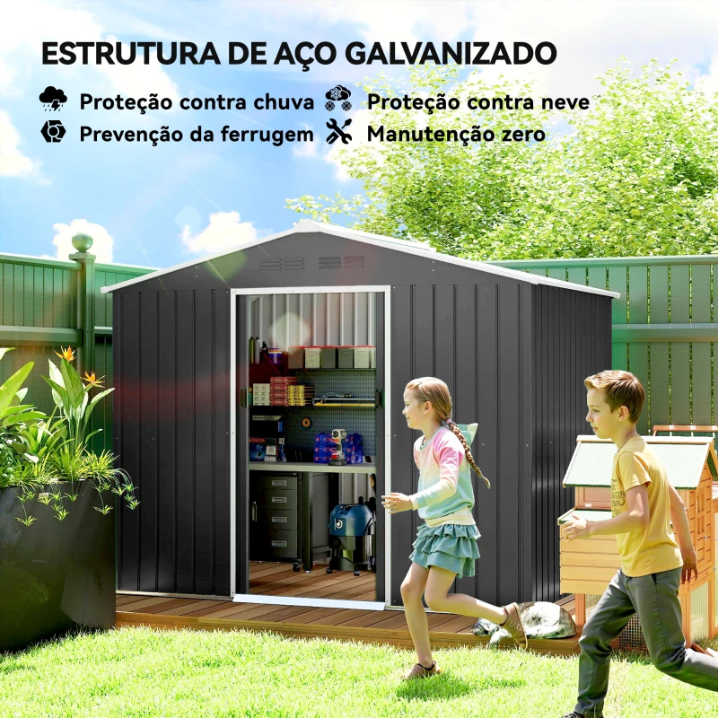 Outsunny Abrigo de Jardim Exterior 3,6 m² 236x171x191 cm com Portas Deslizantes e Aberturas de Ventilação Cinzento Escuro