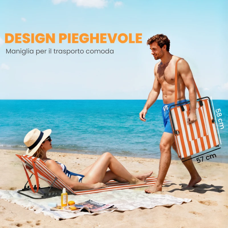 Outsunny Set 2 Lettini Pieghevoli Portatili, Spiaggia, Schienale Regolabile, Arancione.