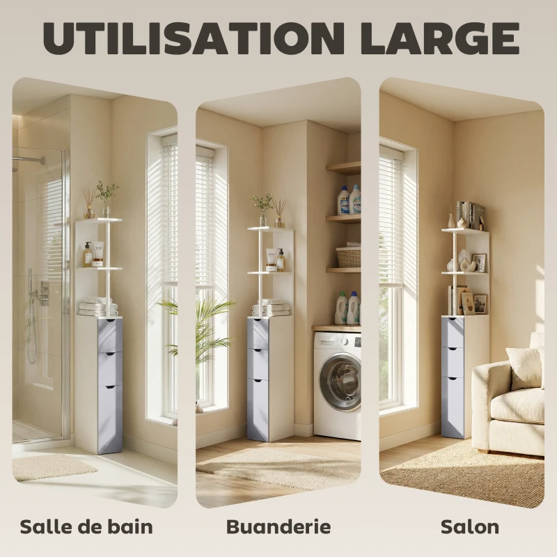 HOMCOM Etagère gain de place WC ou salle de bain 15L x 33l x 136H cm 3 niveaux 2 tiroirs et placard MDF métal blanc gris