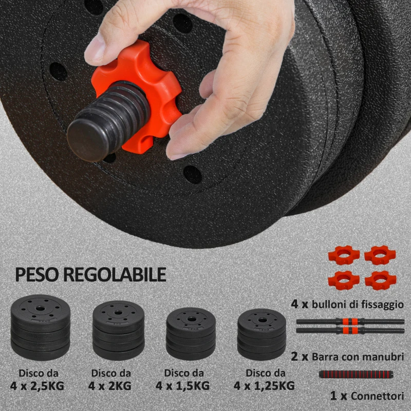 HOMCOM Set 2 Manubri Antiscivolo con 16 Dischi Pesi da 30 kg  totali e Connettore, in Acciaio, HDPE e Sabbia, Nero