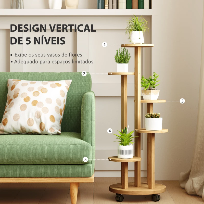 Outsunny Suporte para Plantas em Bambu com Rodas de 5 Níveis Estante Redonda para Plantas para Cantos 33x33x90 cm Madeira
