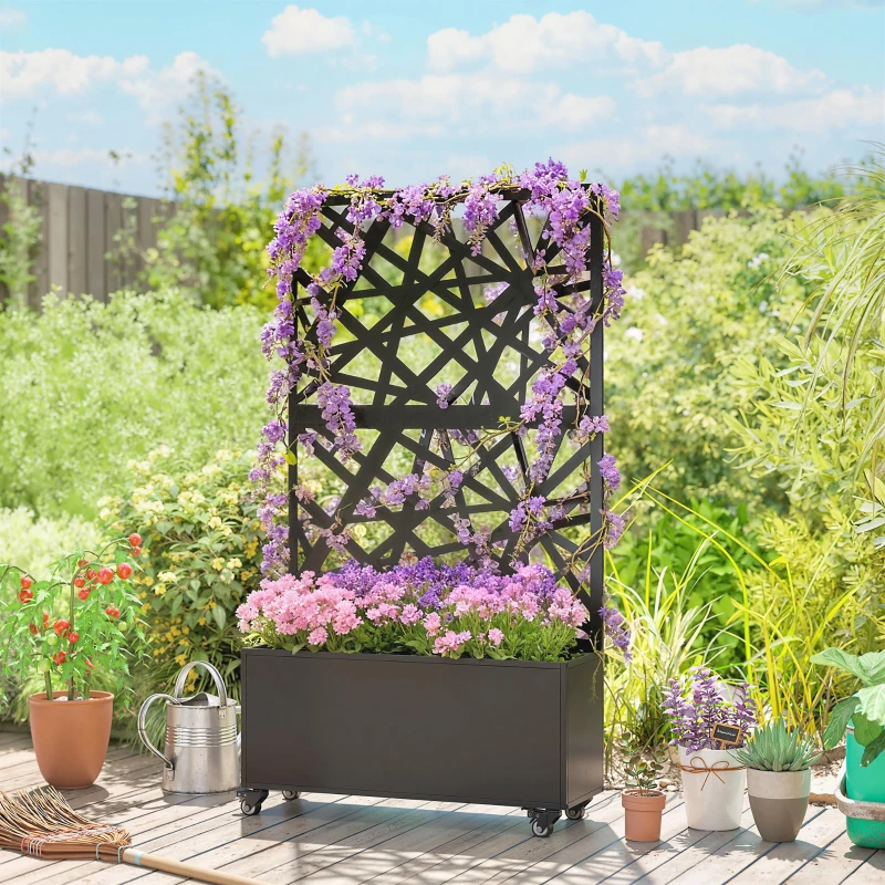 Outsunny Jardinière avec treillis, bac à fleurs, avec brise-vue et roulettes verrouillables, métal, 90 x 30 x 160 cm, noir
