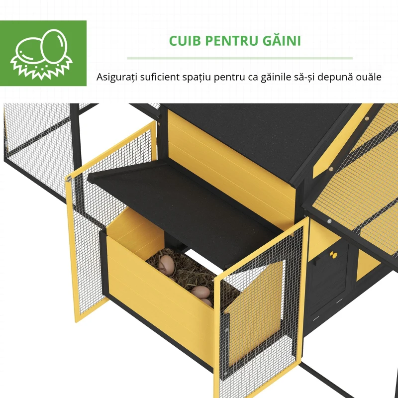 PawHut Adăpost pentru păsări, 2 țarcuri exterioare, 1 cuib, 2 rampe, rezistent la intemperii, galben.