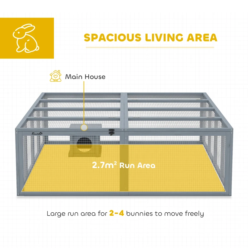 PawHut Domek dla królików z wybiegiem, otwieranym dachem i schronieniem dla 2-4 miniaturowych królików 180,4 x 150 x 48 cm Szary