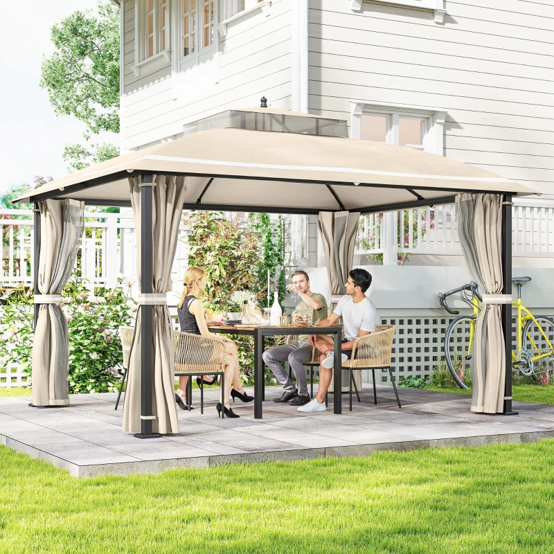 Outsunny Carpa para Jardín con Techo Doble Cenador con Mosquiteras y Cortinas para Exterior Terraza 370x303x290 cm Beige