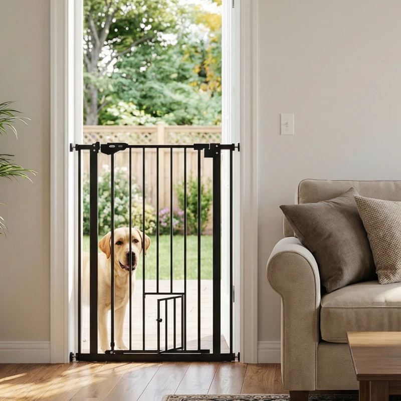 PawHut Cancellino per Cani Regolabile Alto con Porta Piccola e Chiusura Automatica, 74-80x104cm, Nero