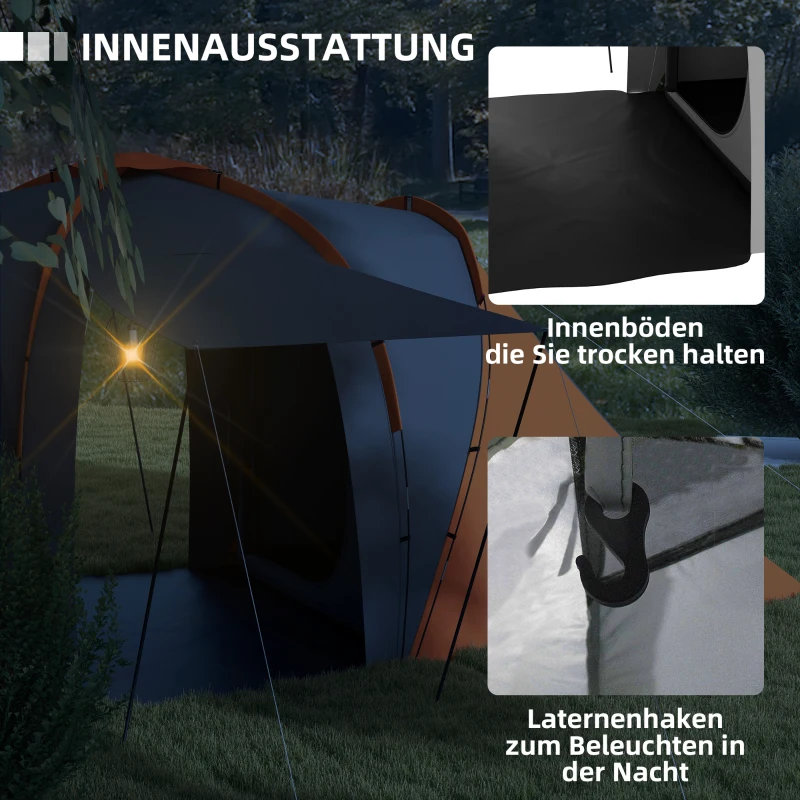 Outsunny Tunneltent, 2000 mm waterafstotend campingtent voor 4-6 personen, met 2 slaapkamers woonruimte draagtas Grijs+Oranje