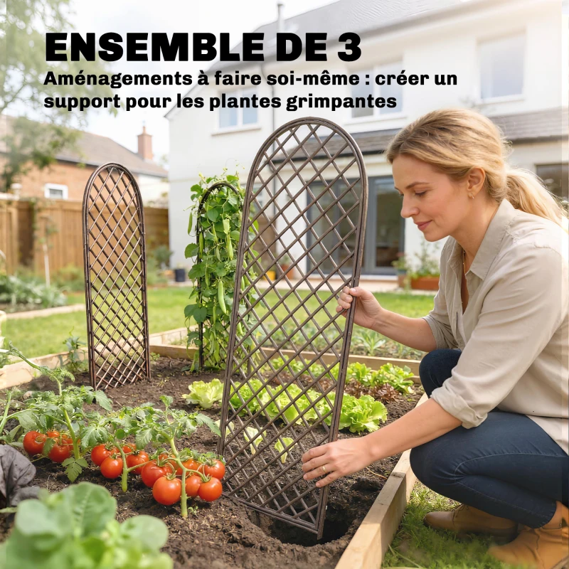 Outsunny Lot de 3 Treillis de jardin en osier tissé Panneau Arc pour Plantes grimpantes 43 x 2 x 112 cm, effet bois naturel