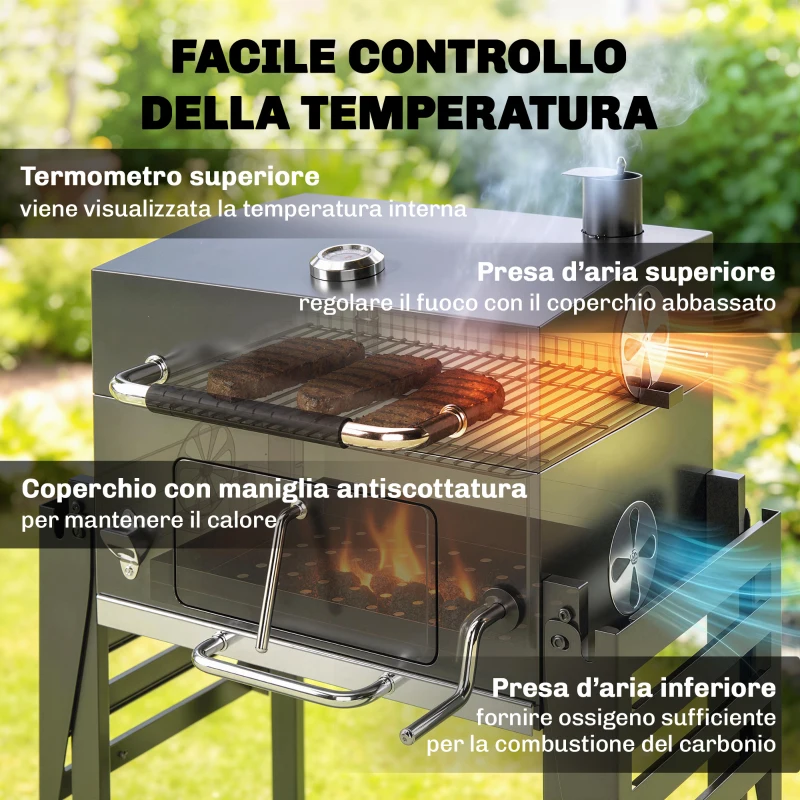 Outsunny Barbecue a Carbone a Rotelle con Griglia Regolabile e Ripiani Pieghevoli, in Acciaio e PP, 133.5x65x110 cm, Nero