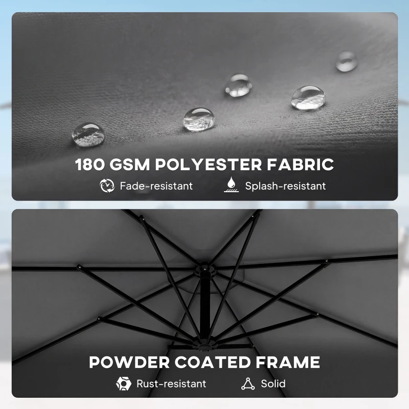 Outsunny Parasol boczny Ø300 cm regulowany z korbą, linkami wiatrowymi i pokrowcem, ciemnoszary