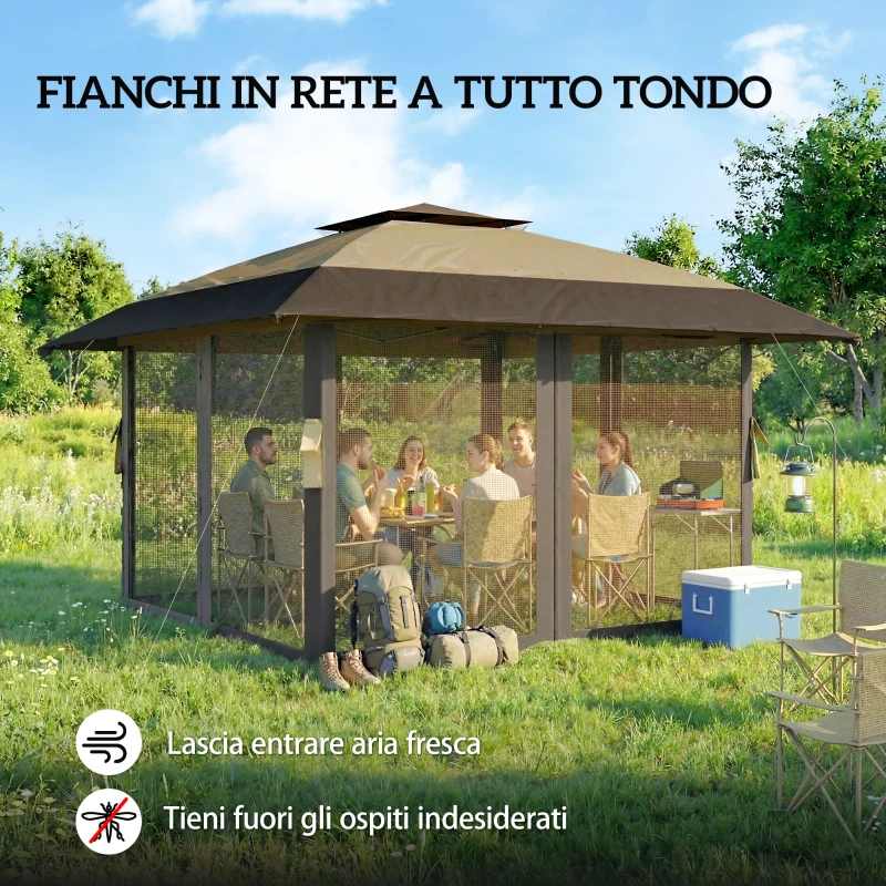 Outsunny Gazebo Pieghevole 4x4 m con 4 Zanzariere Laterali, Doppio Tetto e Sacchi di Sabbia, Cachi e Marrone
