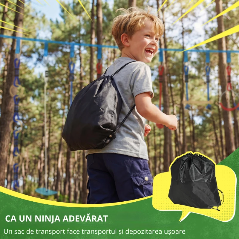 AIYAPLAY Ninja Line copii 10 m set Slackline 9 piese cu 2 inele, leagăn 3-în-1, 2 bare de cățărat pentru 3-8 ani multicolor