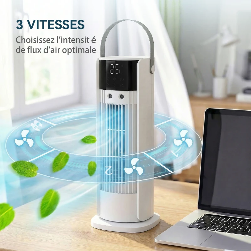 HOMCOM Ventilateur de table colonne avec brumisateur et éclairage RGB, ventilateur de bureau 3 vitesses, oscillation 90°, blanc