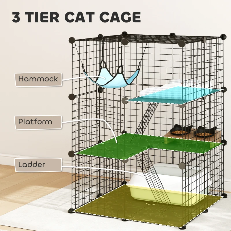 PawHut Indoor Cat Cage DIY Customizable 3-Tier Indoor Cat Enclosure with 3 Doors and Hammock 105 cm Black