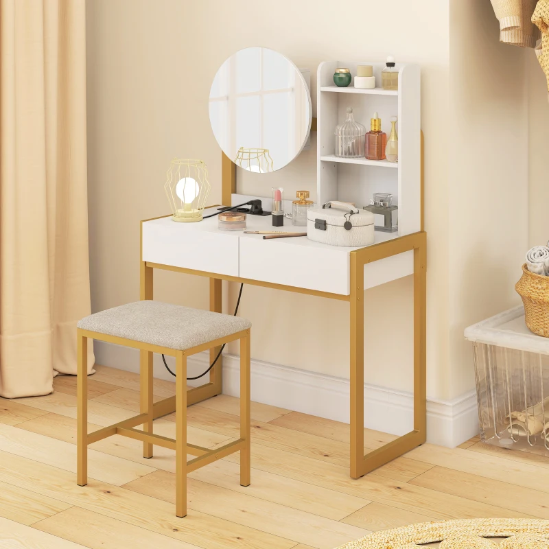 HOMCOM Coiffeuse avec miroir et tabouret, station de charge, table de maquillage avec 2 tiroirs, 3 étagères ouvertes, blanc