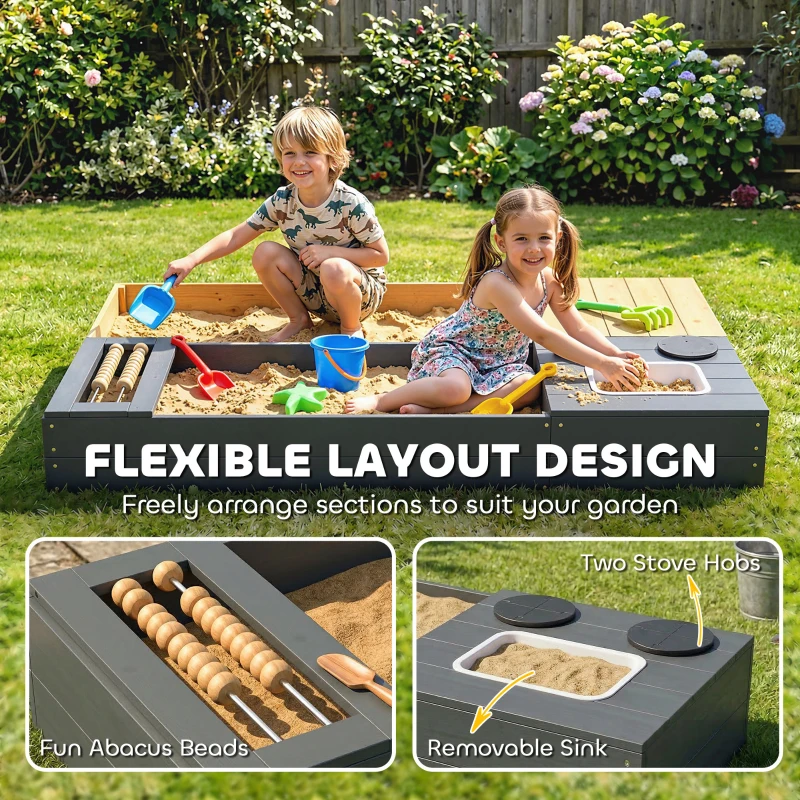 AIYAPLAY Zandbak 2-delig 150 x 90 cm Houten speelstation met zitbank, opbergruimte, kookplaat, afneembare wasbak en abacusparels, Geel