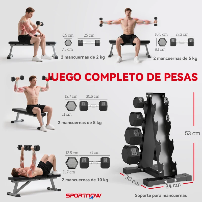 SPORTNOW Juego de Mancuernas 2x2kg 2x5kg 2x8kg 2x10kg con Soporte de Almacenamiento para Ejercicio Entrenamiento Negro