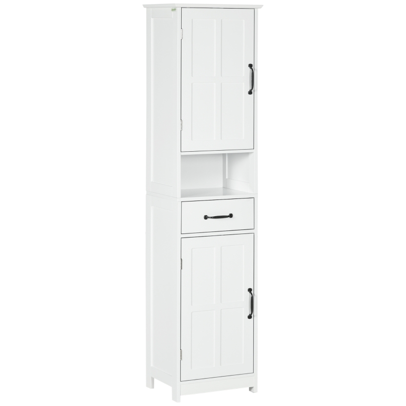 kleankin Mobile Colonna Bagno in Legno con Mensola Aperta, Cassetto e 2 Armadietti, 40x30x164 cm, Bianco