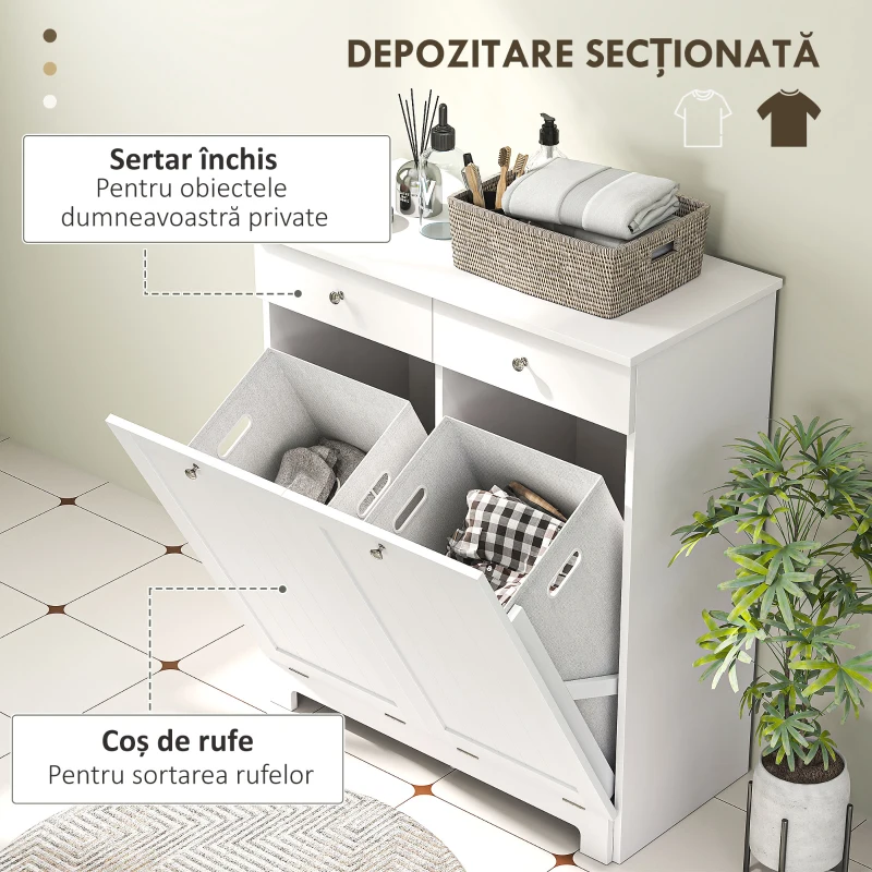 HOMCOM Dulap de Baie cu 2 Coșuri de Rufe Detașabile, 2 Sertare și 2 Uși Basculante, 78x38x90 cm, Alb