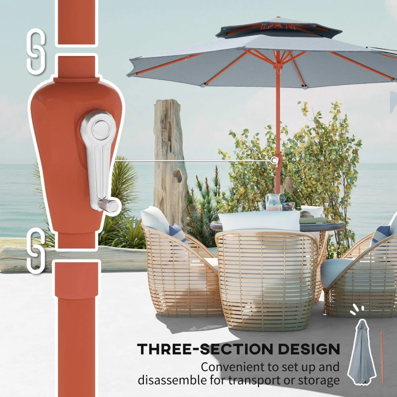 Outsunny 2.7 m Garden Parasol with Double Top Outdoor Market Table Umbrella with Crank System, Light Grey