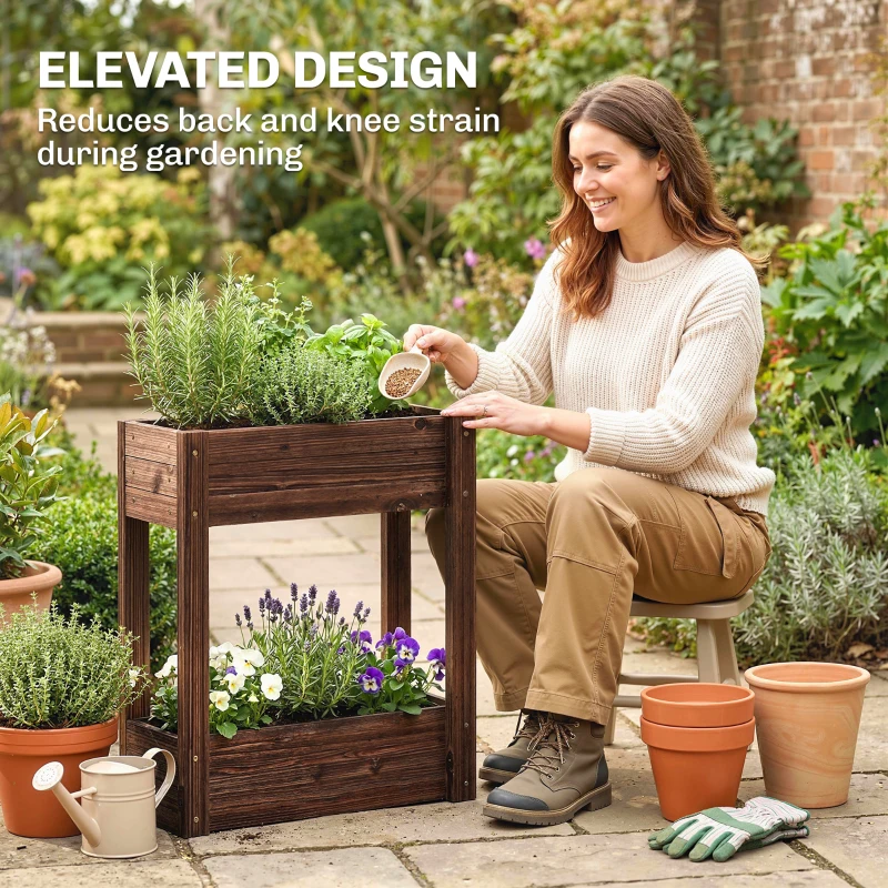 Outsunny 2-Tier Wooden Raised Planter, Raised Garden Bed on Legs with Drainage Holes and Bed Liner, Elevated Garden Planter