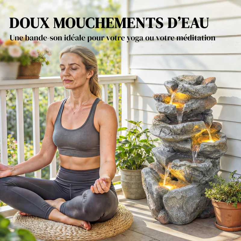 Outsunny Fontaine de Jardin Cascade 6 Niveaux Décoration de Jardin Zen Résine Pierre Naturelle 33 x 27 x 53 cm Gris