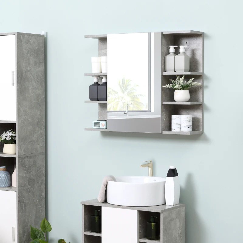 kleankin Miroir de salle de bain avec placard étagère - 4 étagères latérales - panneaux aspect béton dim. 80 x 19,8 x 64 cm gris