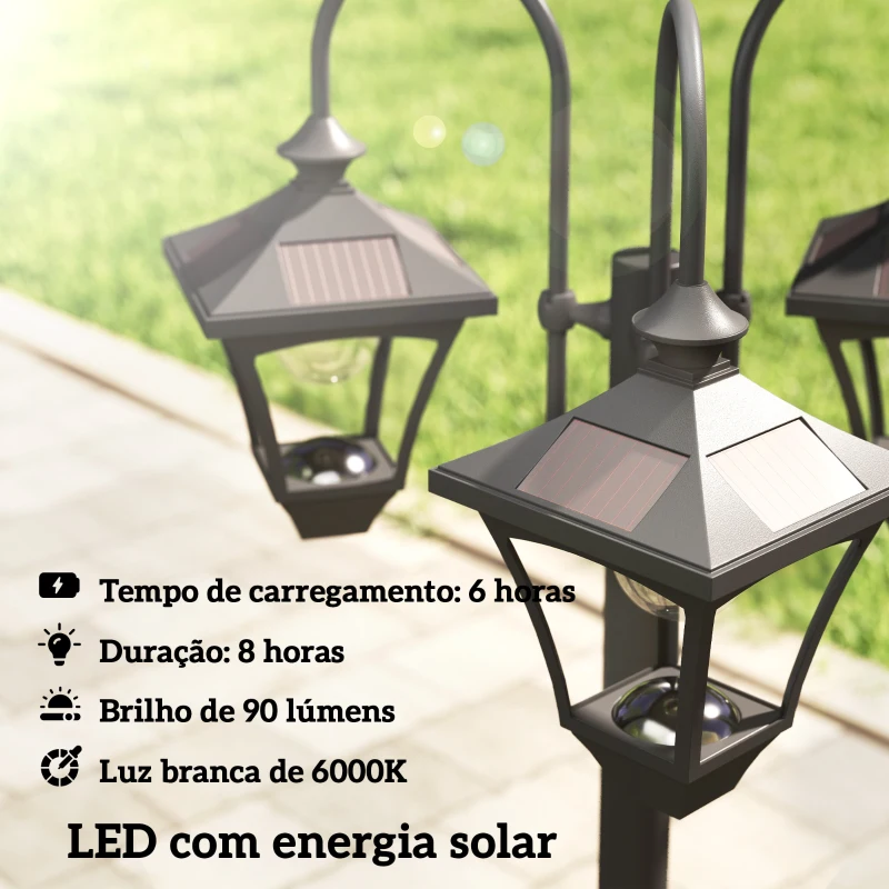 Outsunny Candeeiro Solar de Jardim com Floreiras 3 Cabeças Impermeável IP44 Ligação/Desligamento Automático e Altura Ajustável 52x52x185 cm Preto