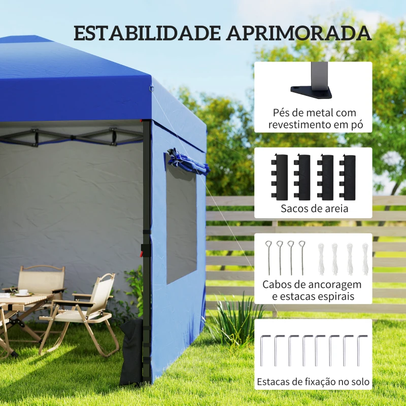 Outsunny Tenda Dobrável 3x3 m Pop-up com 3 Paredes Laterais 2 Janelas em Malha UPF50+ Altura Ajustável 3 Níveis Azul