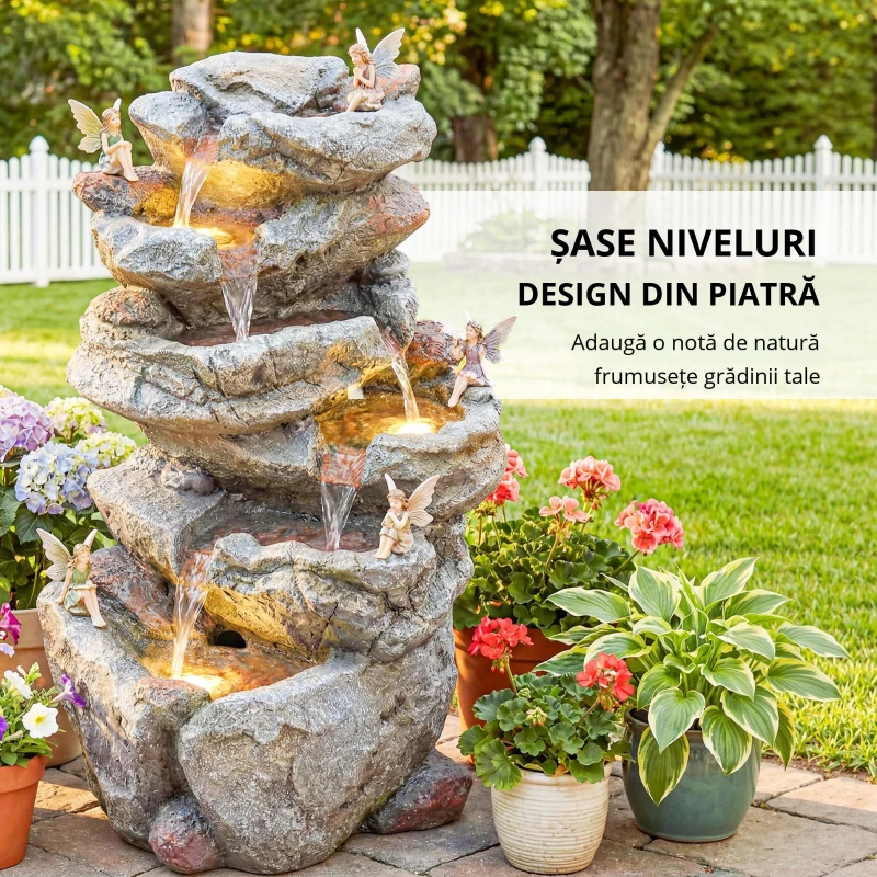 Outsunny Fântână de exterior cu design de rocă în 6 niveluri, cascadă de apă cu lumini LED, debit reglabil, gri