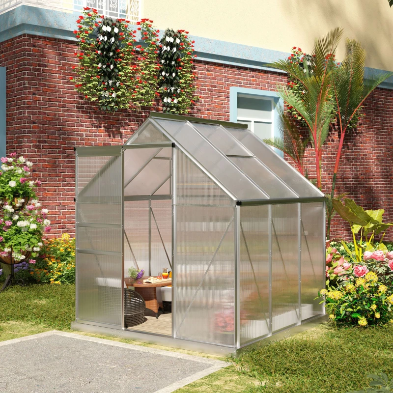 Outsunny Serre de jardin 3,6 m² en aluminium polycarbonate avec fondation, 190 x 190 x 200 cm, serre avec fenêtre réglable porte coulissante, abri extérieur résistant aux intempéries, argent