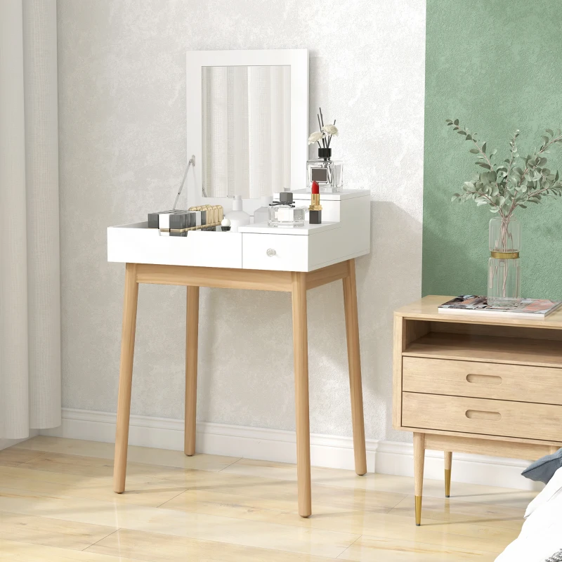HOMCOM Coiffeuse avec miroir table de maquillage style moderne - 2 tiroirs, miroir rabattable pour chambre à coucher, salon, 60 x 50 x 85,5 cm blanc