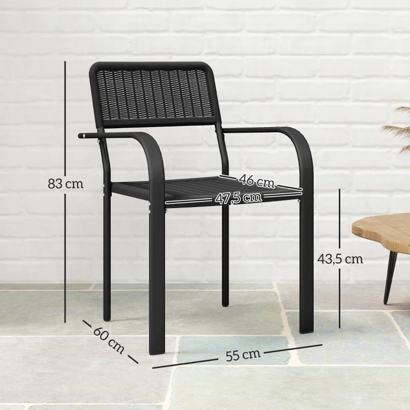 Outsunny Juego de 4 Sillas de Jardín Exterior Apilables con Reposabrazos Respaldo y Marco de Acero 55x60x83 cm Negro
