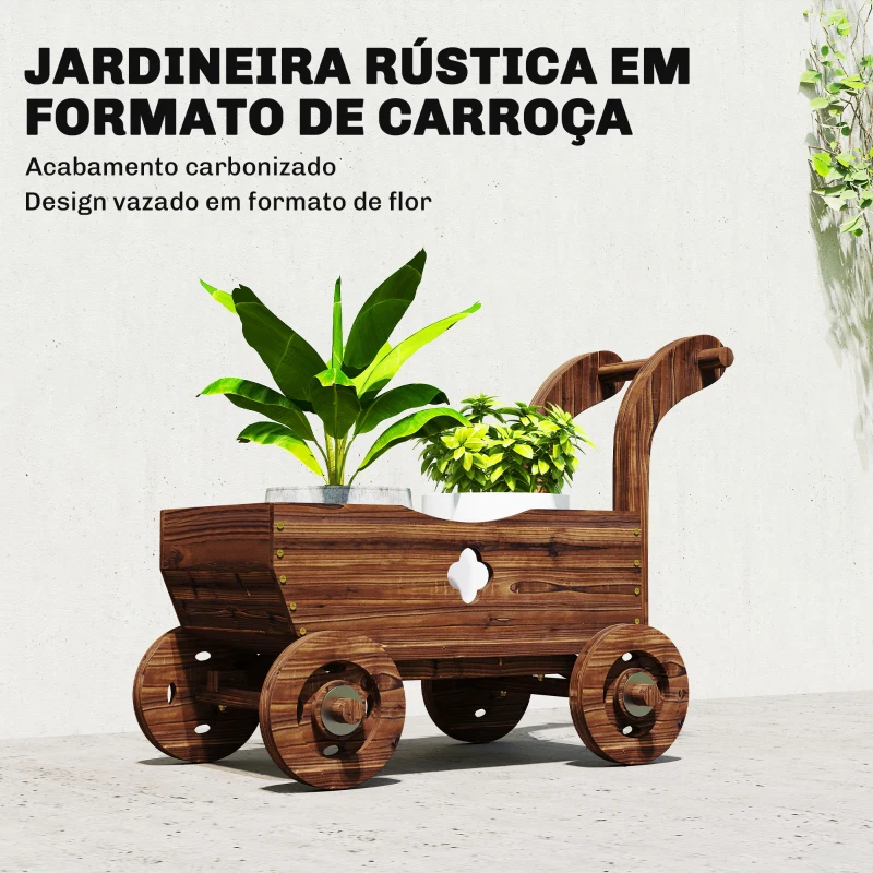 Outsunny Carrinho de Madeira Decorativo Vaso Elevado com 4 Rodas Pega Orifícios de Drenagem 68x38x52 cm Carbonizado