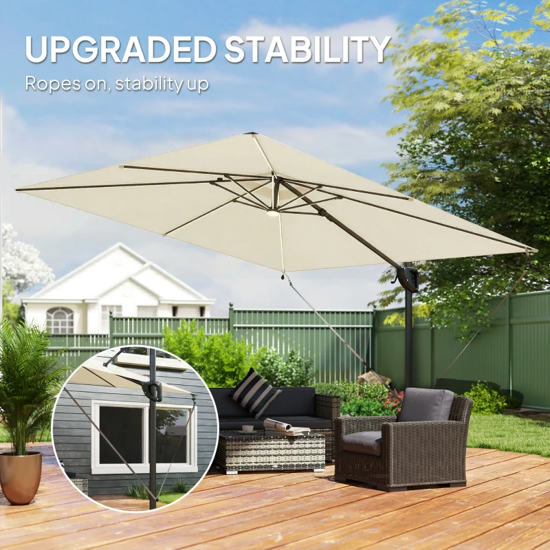 Outsunny 3 x 3 m Garden Cantilever Parasol w/ Light, Cover, UPF50+ Patio Umbrella w/ Wind Protection, 360° Rotation, Cream White